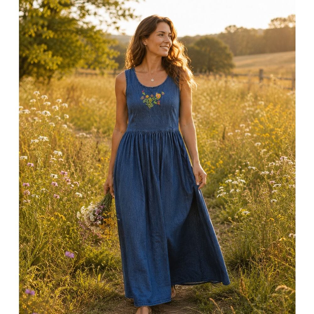 Vintage Embroidered Denim Maxi Dress 100 Cotton Cottagecore Prairie Boho